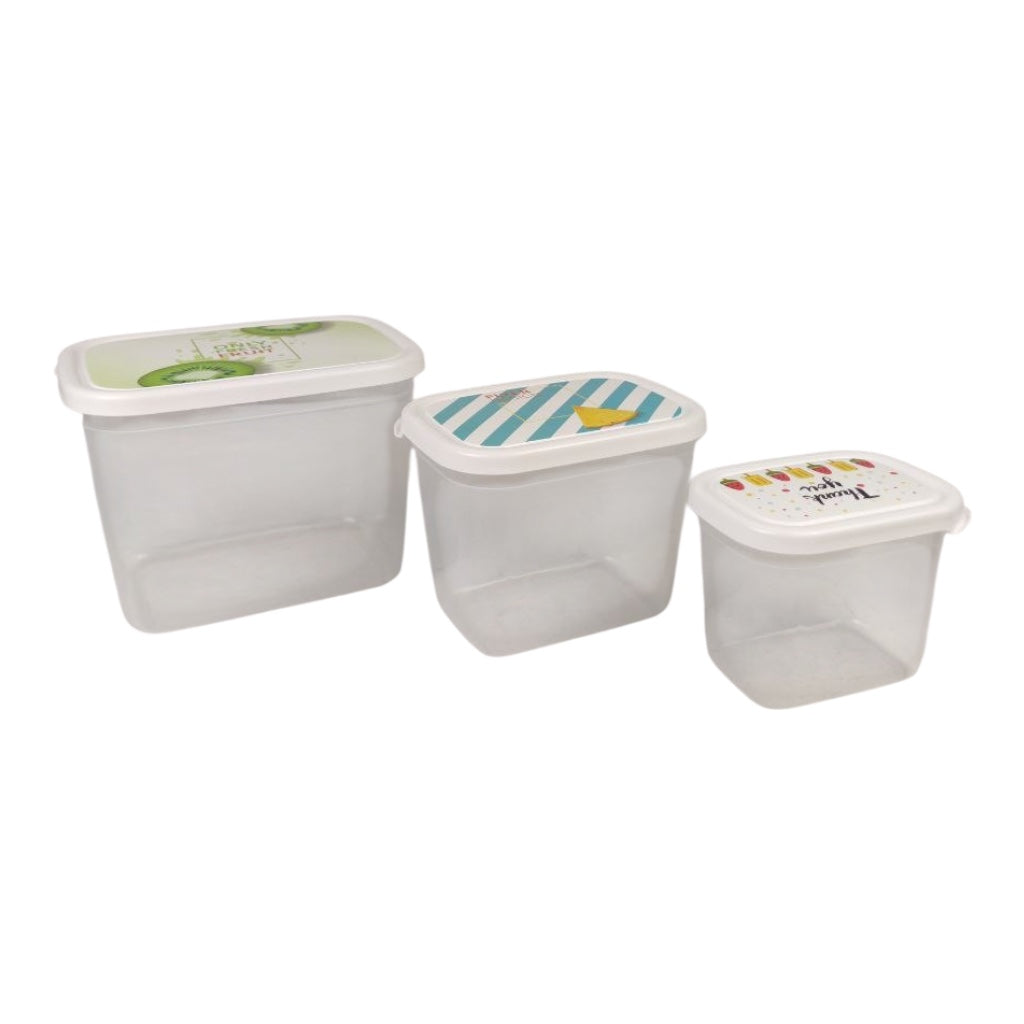 Three white storage containers with colorful lids on a white background