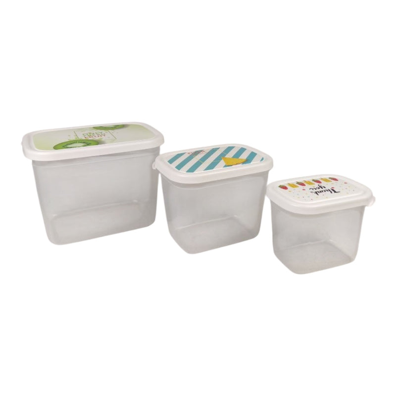 Three white storage containers with colorful lids on a white background