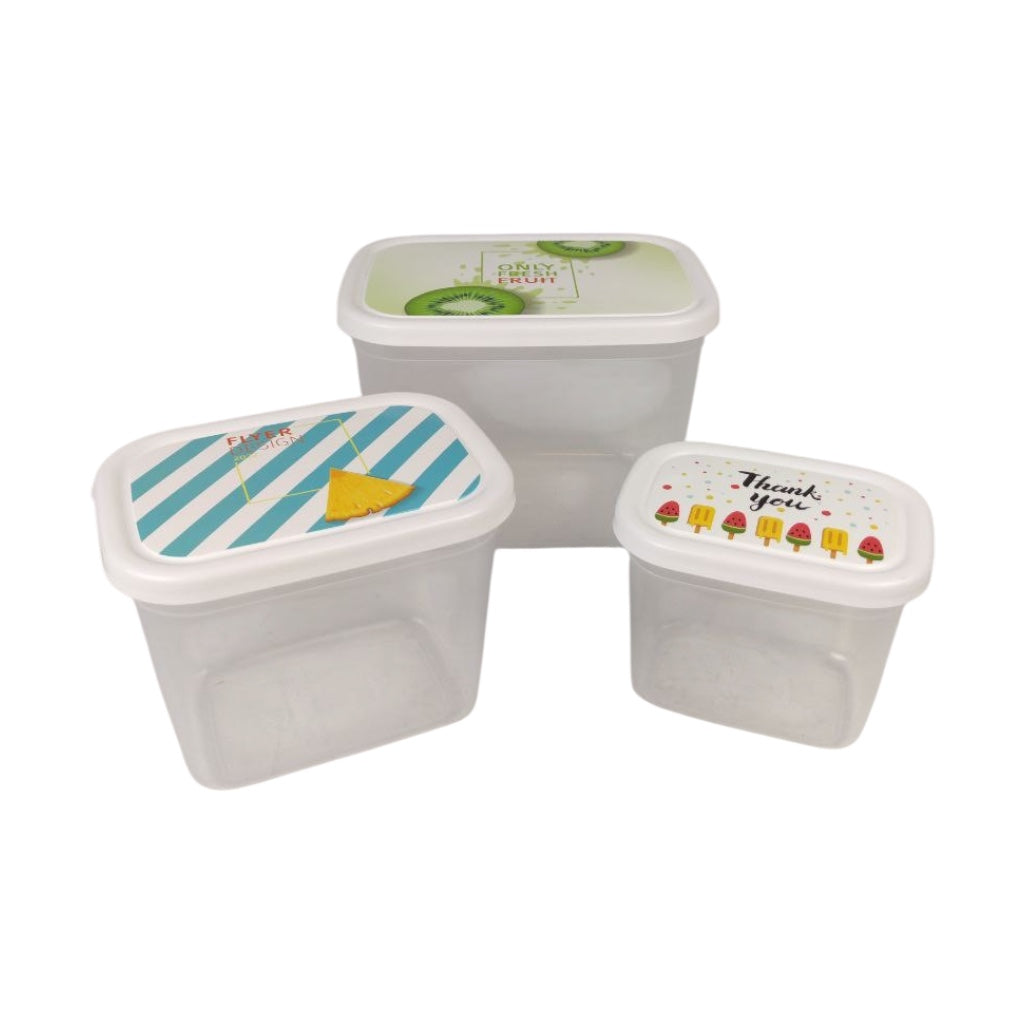 Three plastic containers with decorative lids on a white background