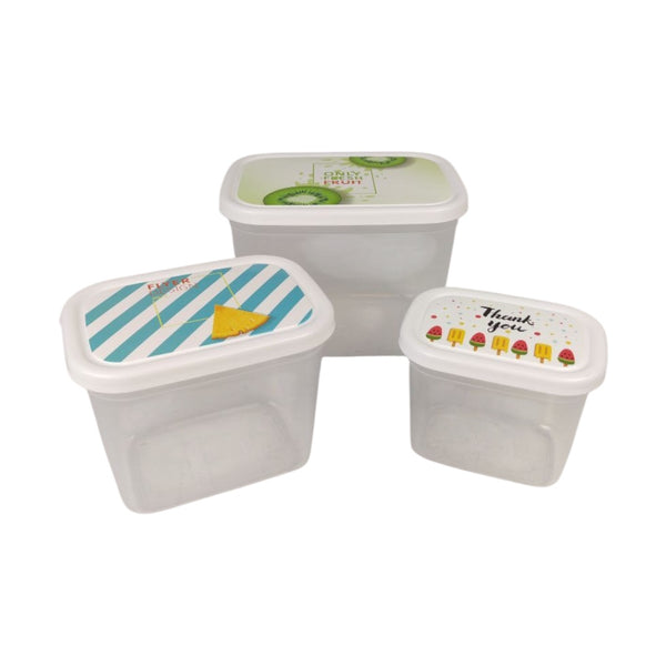 Three plastic containers with decorative lids on a white background