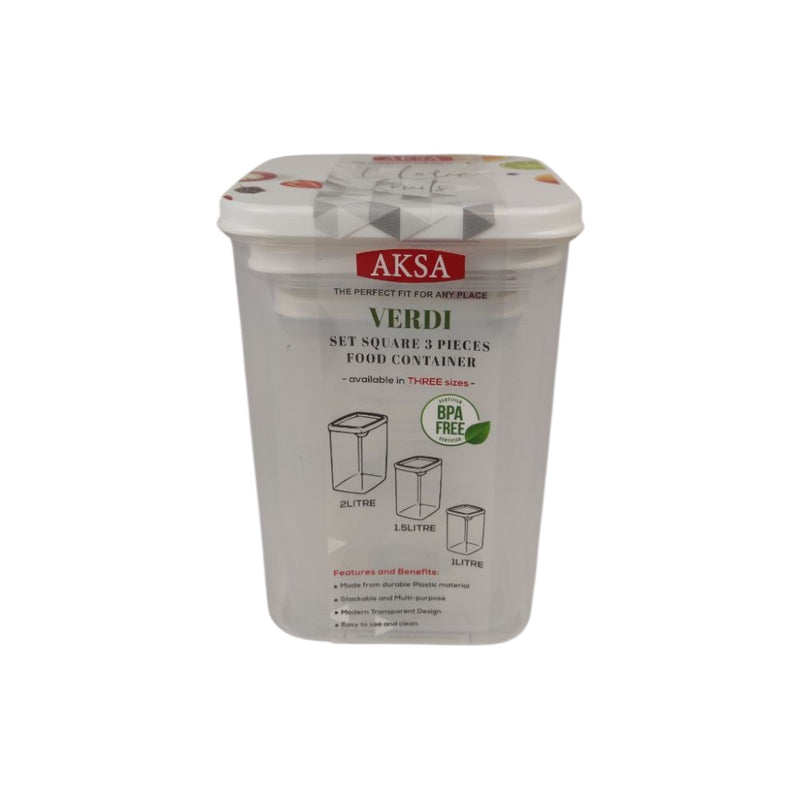 Aksa Verdi 3-Piece Square Food Container Set BPA-Free Plastic with 2L, 1.5L, and 1L Capacity