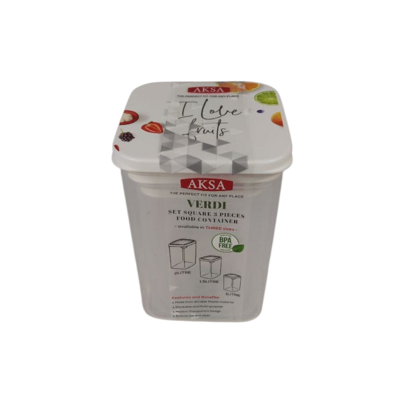Aksa Verdi 3-Piece Square Food Container Set BPA-Free Plastic with 2L, 1.5L, and 1L Capacity