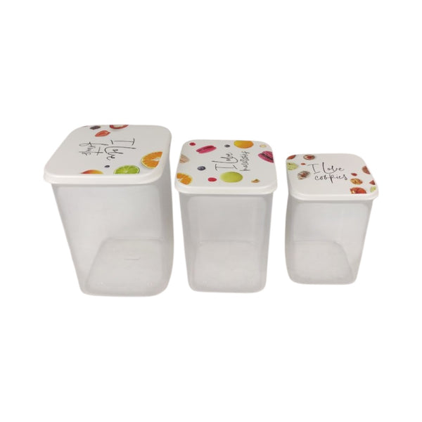 Three clear plastic containers with colorful lids on a white background