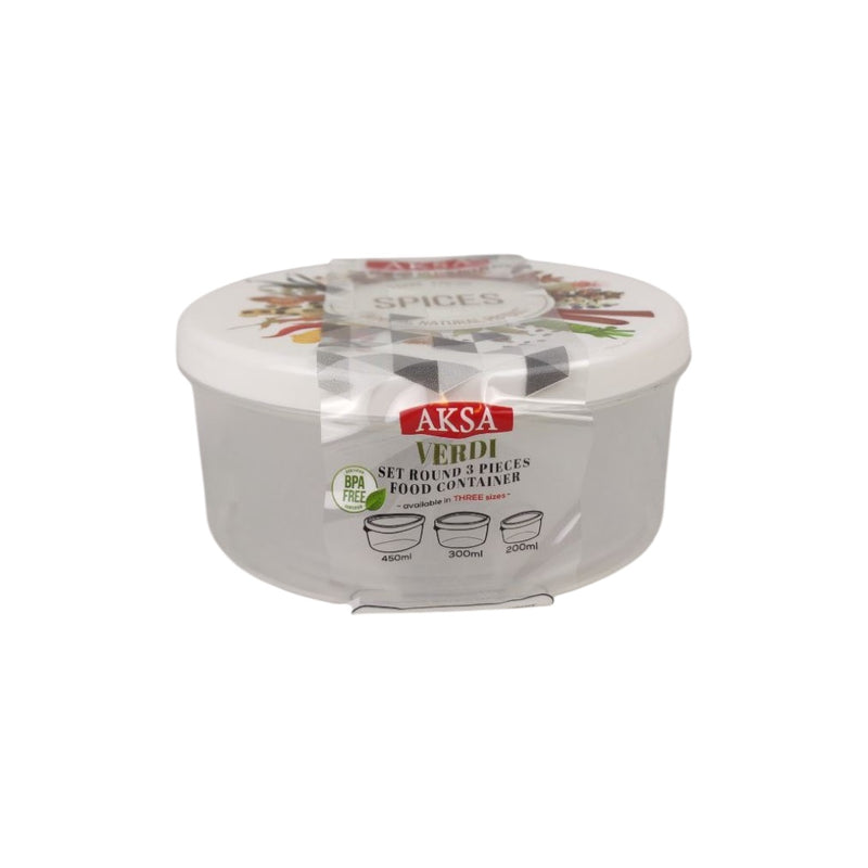 Round food container with lid labeled 'Spices' by Aksa on a white background