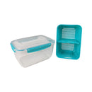 Clear plastic container with blue lid and teal perforated basket on a white background available at cupindy.com