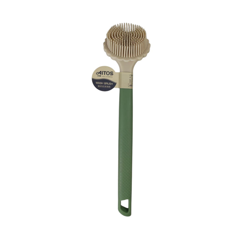 Green grill brush with a brand label on a white background