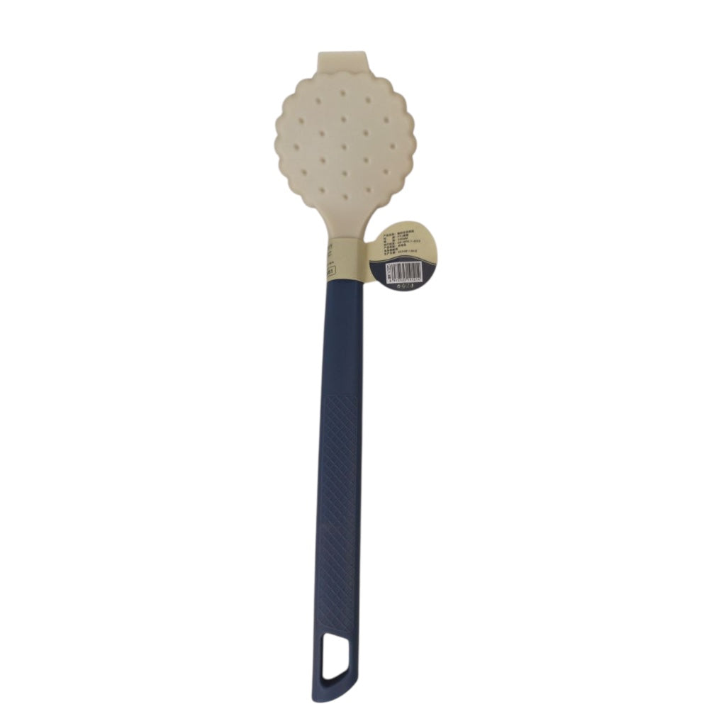 Beige scrubber with a blue handle on a white background