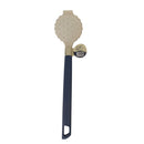 Beige scrubber with a blue handle on a white background