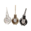 Three cleaning brushes with different bristle designs on a white background