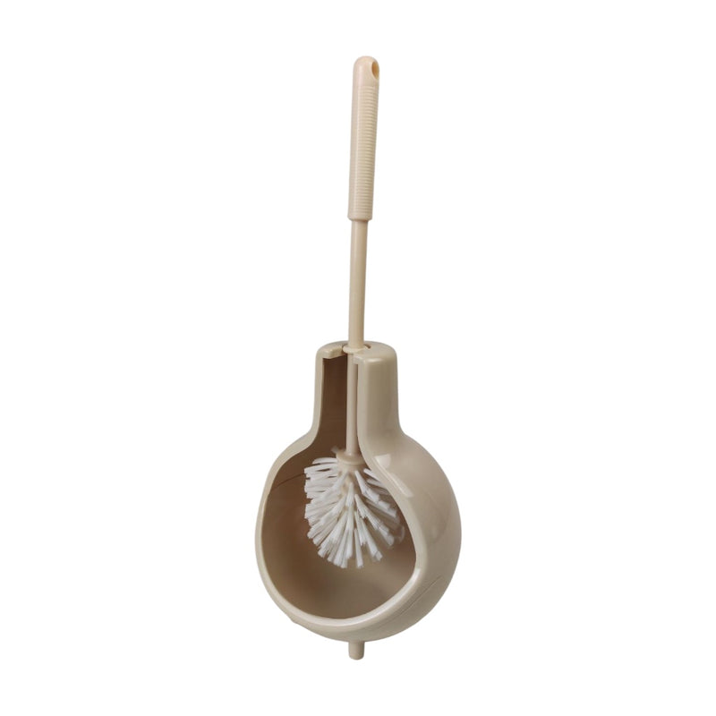 Beige toilet brush with holder on a white background