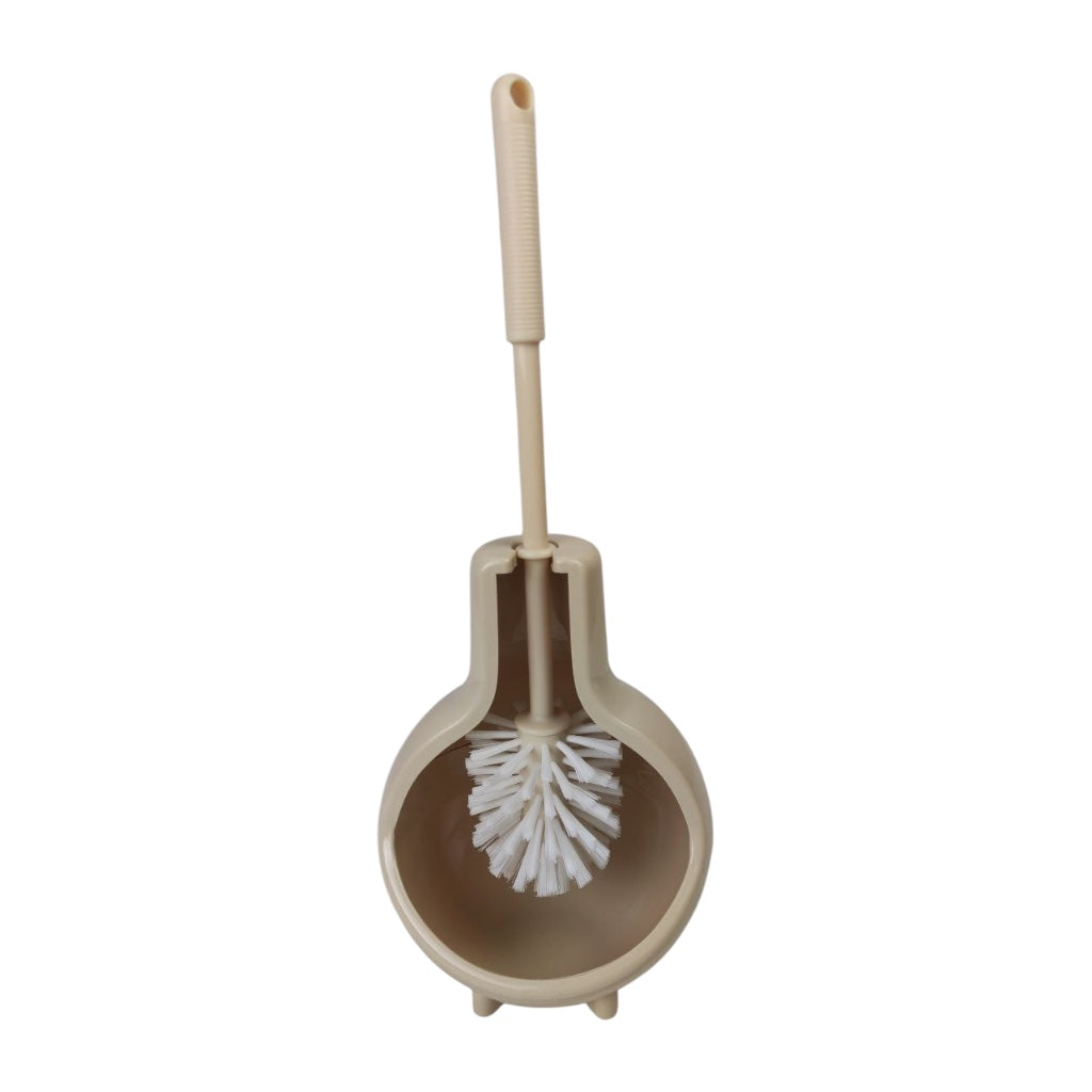 Beige and brown toilet brush with holder on a white background