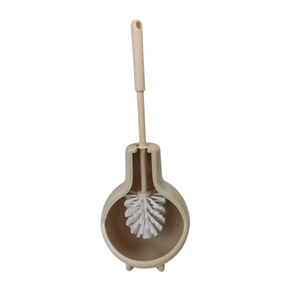 Beige and brown toilet brush with holder on a white background