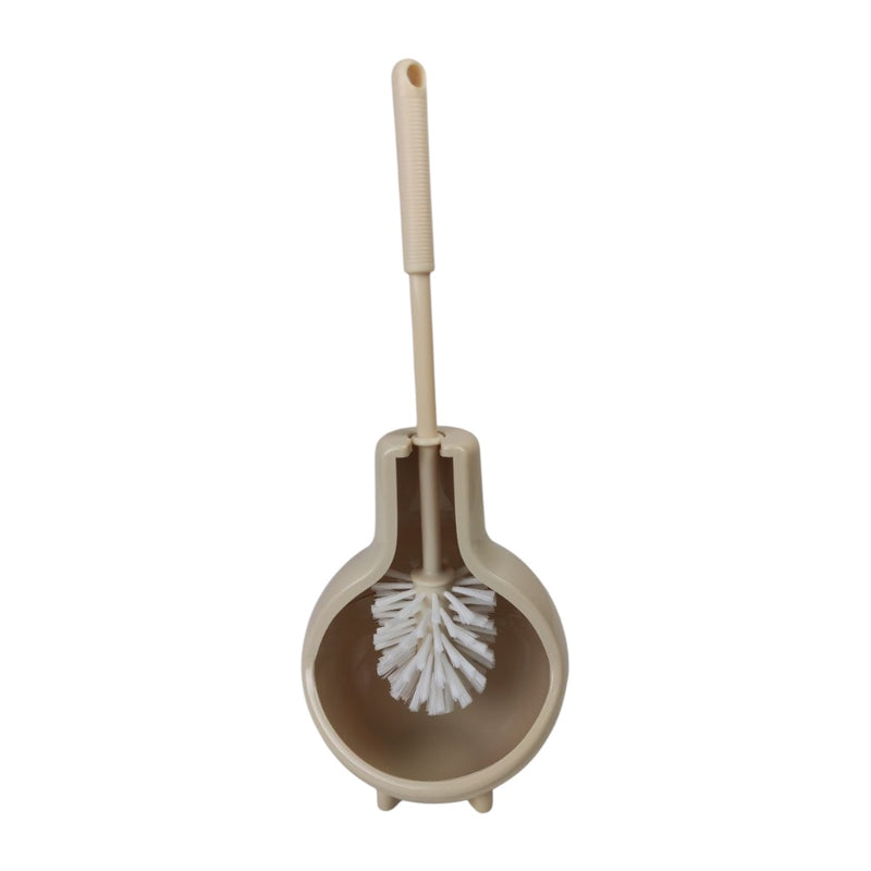 Beige and brown toilet brush with holder on a white background