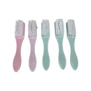 Five baby brushes with different colored handles on a white background