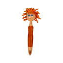 Toy figure with orange hair and a wooden body on a white background