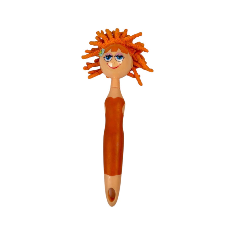 Toy figure with orange hair and a wooden body on a white background