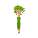 Toy figure with green hair and body on a white background