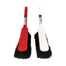 Two cleaning brushes, one red and one white, with black bristles on a white background.
