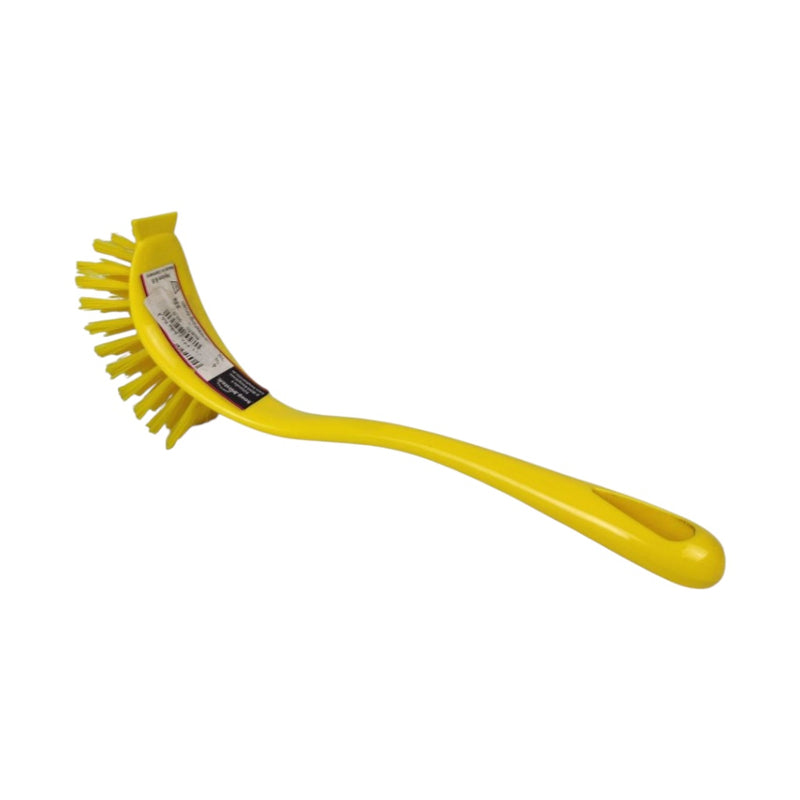 Yellow scrub brush with a long handle on a white background