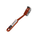 Barbecue brush with brown handle and metal bristle head on a white background