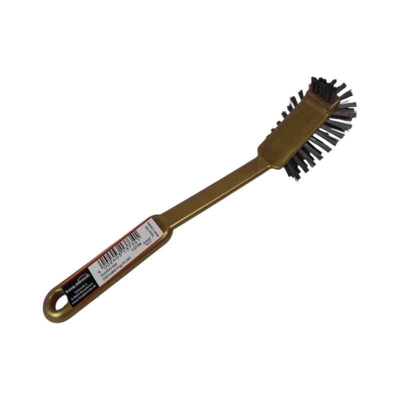 Bronze wire brush with black bristles on a white background