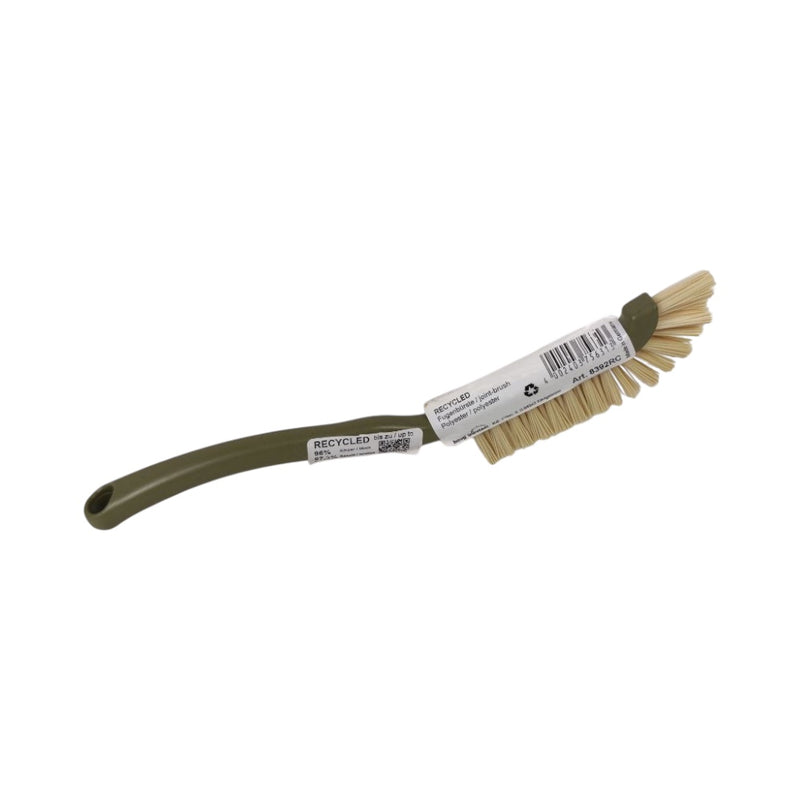 Cleaning brush with a green handle and bristles on a white background