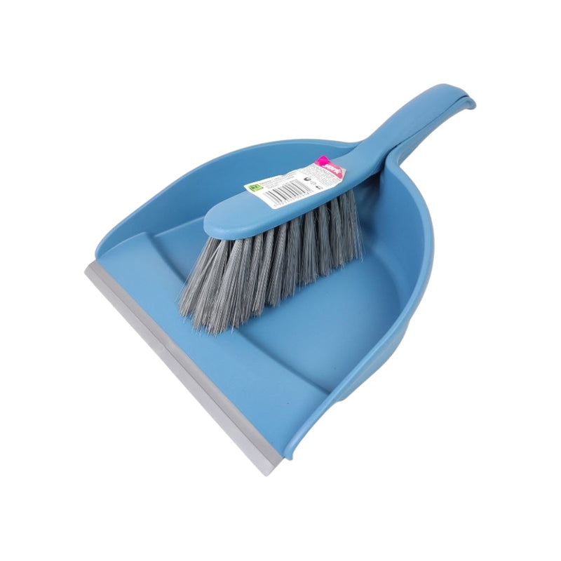 Blue broom and dustpan set on a white background