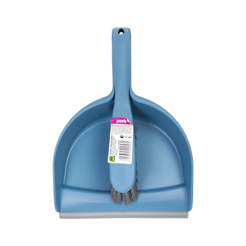 Blue dustpan with brush attachment on a white background