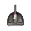 Gray dustpan with brush attachment on a white background
