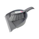 Gray dustpan and brush set on a white background