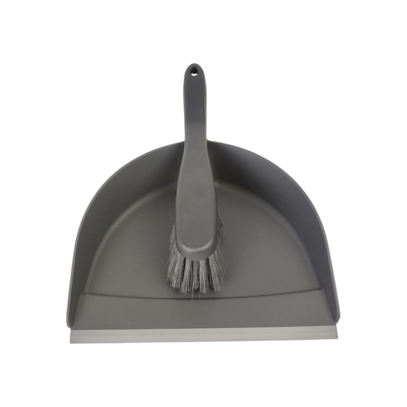 Gray dustpan and brush set on a white background