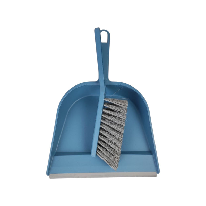 Blue dustpan and brush set on a white background