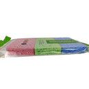 Packaged household cleaning sponges with pink, green, and blue colors on a white background.