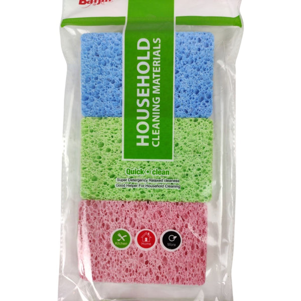 Packaged household cleaning sponges with a green label on a white background