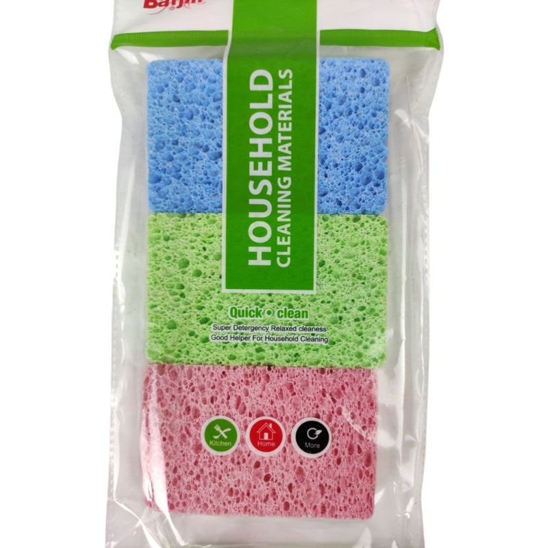 Packaged household cleaning sponges with a green label on a white background