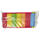 Packaged colorful sponges with a clear plastic wrap on a white background