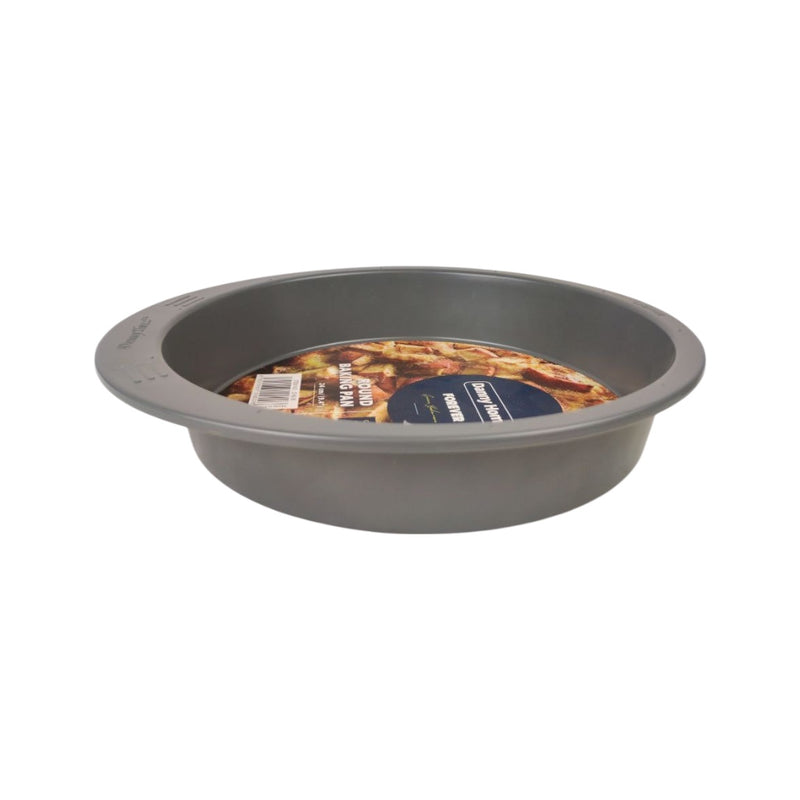 Gray round baking pan with a pizza inside on a white background