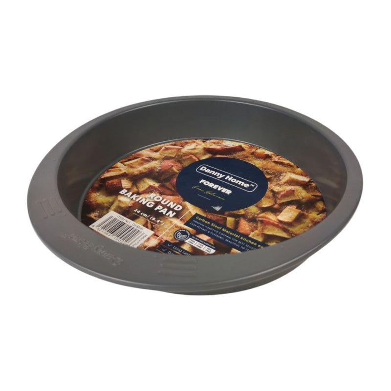 Round baking pan with a pie inside on a white background