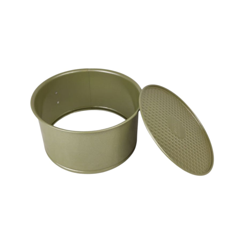Green metal container with lid on a white background