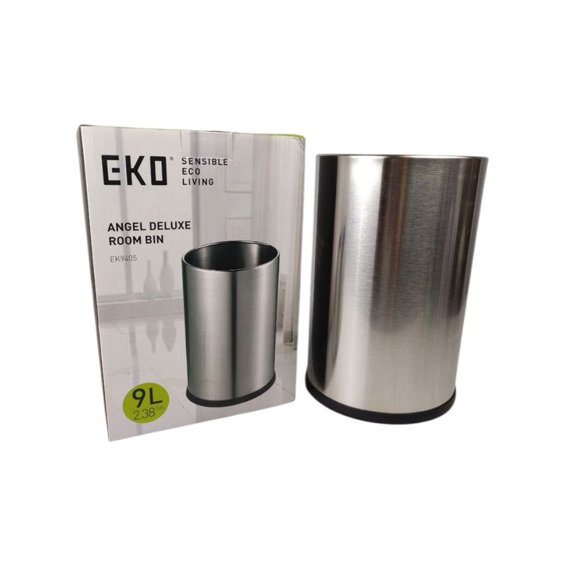 Metallic waste bin with EKO packaging on a white background