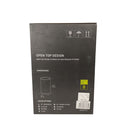 Black product packaging with text and dimensions on a white background