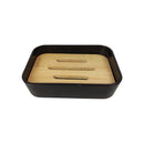 Black rectangular soap dish with a wooden top on a white background available at cupindy.com