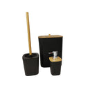 Bathroom accessory set with black containers and wooden elements on a white background available at cupindy.com