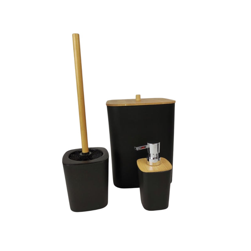 Bathroom accessory set with black containers and wooden elements on a white background available at cupindy.com