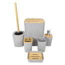 Bathroom accessory set with gray containers and wooden accents on a white background available at cupindy.com