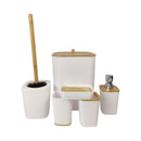 Set of white bathroom accessories with wooden accents on a white background available at cupindy.com