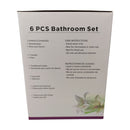 Box of a 6-piece bathroom set with product details and care instructions available at cupindy.com