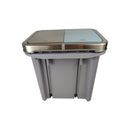 Two-toned trash bin with metallic lid on a white background