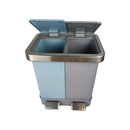 Two-toned trash bin with blue and gray compartments on a white background