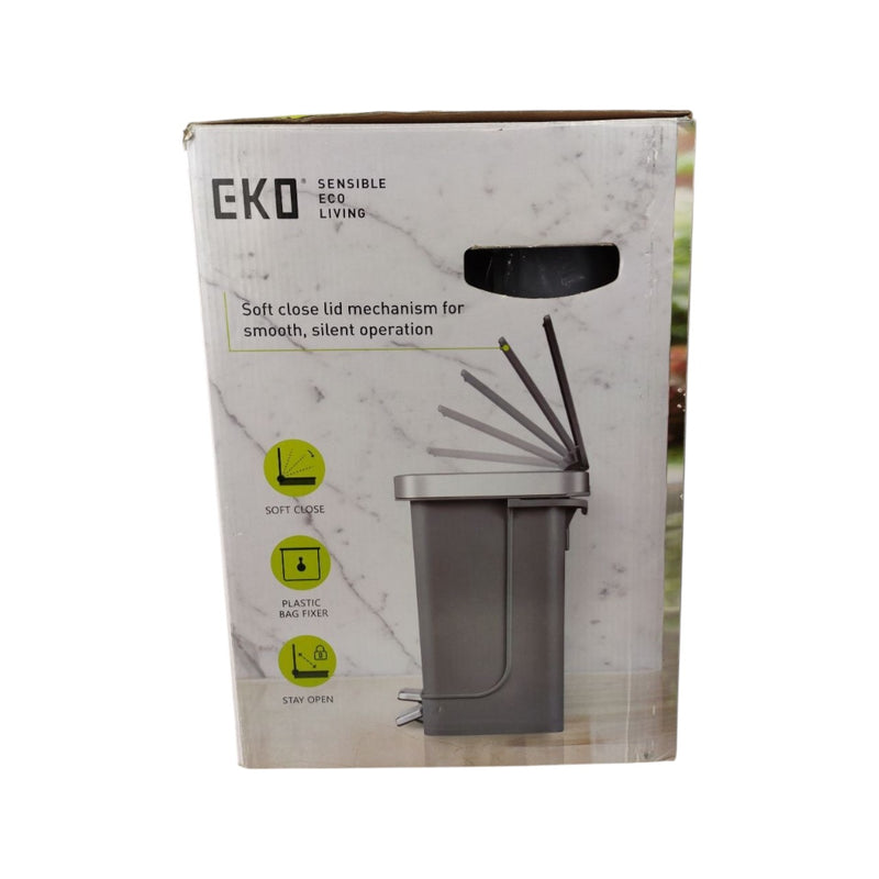 EKO trash can packaging with product image and features on a white background